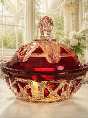 Vintage Doyle Ruby Stained Glass Lidded Dish Fairy Lamp